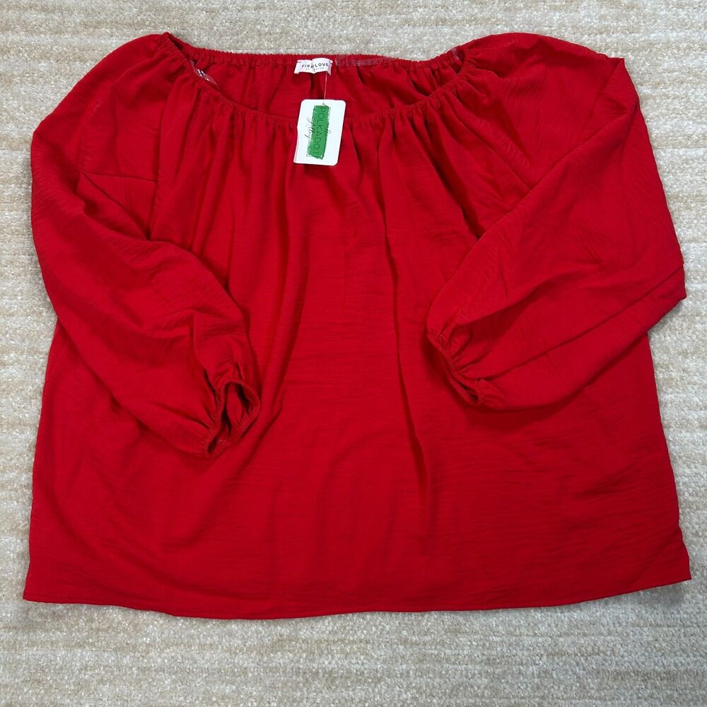 First Love Womens 1X Red Off Shoulder Blouse Shirt Peasant Top